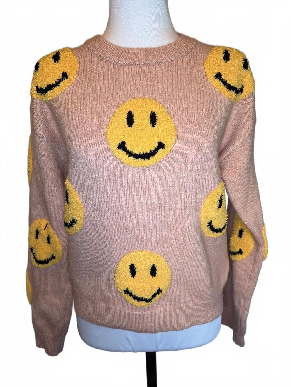 Pink Smiley Face Novelty Sweater S Fuzzy Graphic Y2K Dopamine Happycore Kawaii